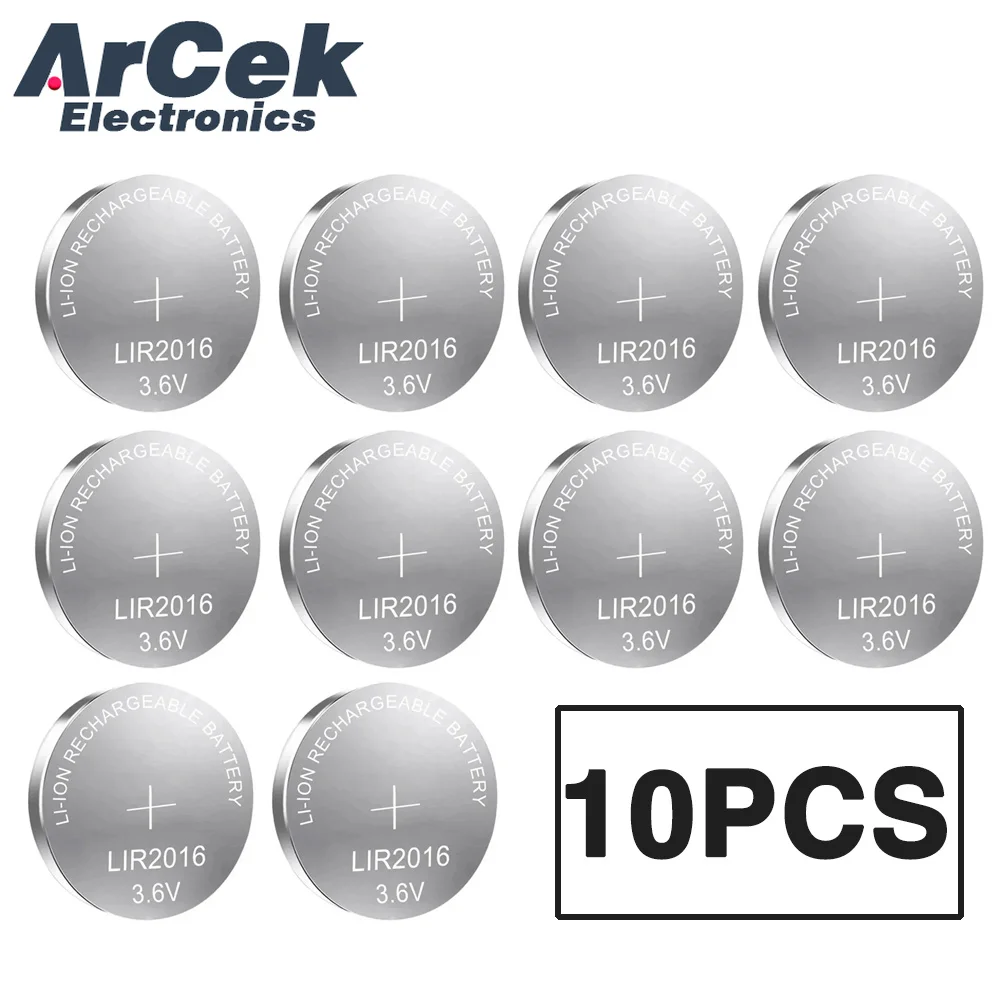 10PCS LIR2016 Rechargeable Button Coin Cell Battery 3.6V Li-on Can Replace CR2016 LM2016 for Car Key Remote Control Watch Toy