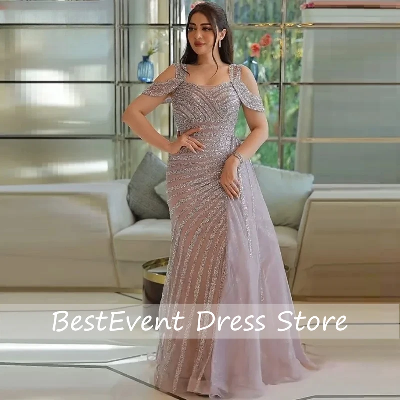 Zartrosa Meerjungfrau-Abendkleid mit Glanz und Schulterfreiem Design, Luxuriöses Pailletten-Ballkleid für Hochzeiten und Partys, Maßanfertigung
