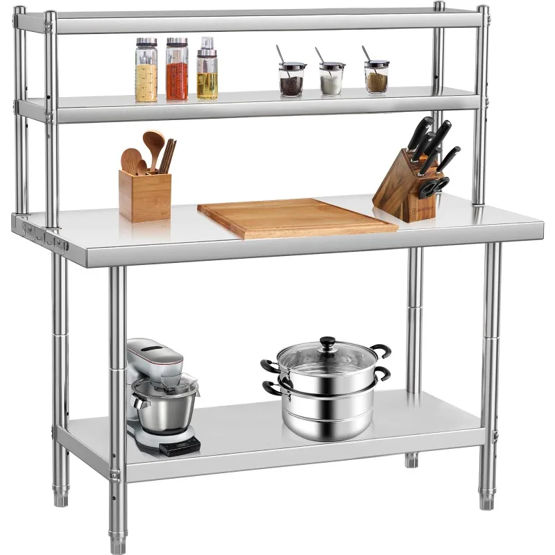 Commercial Stainless Steel Prep Table with Adjustable Shelves and Side Hooks, 39