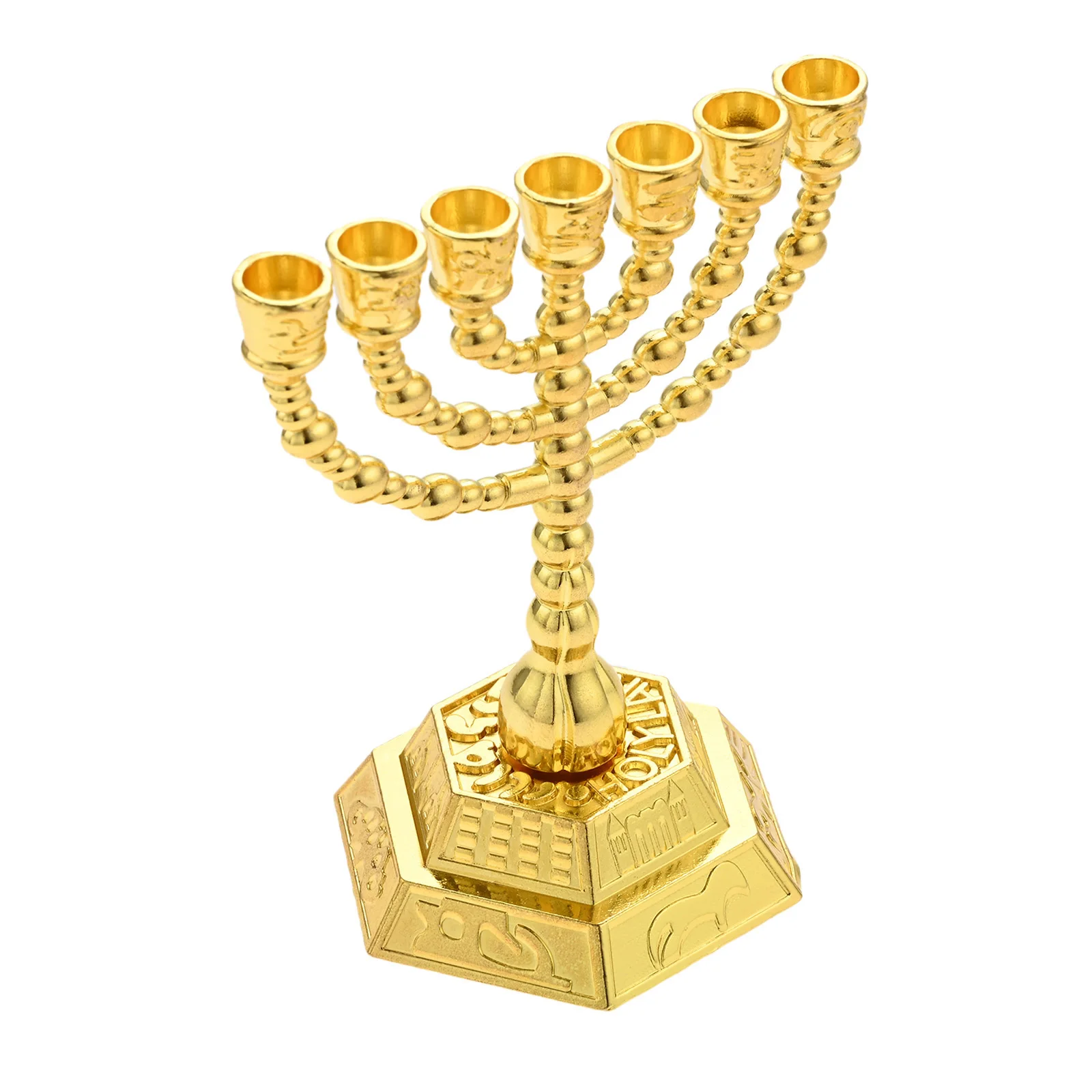 Vintage 7-arms Golden Candlestick Jewish Candles Holder 7-Branches Candle Cups Embossed Pattern Decor Shabbat Banquet Home/Hotel