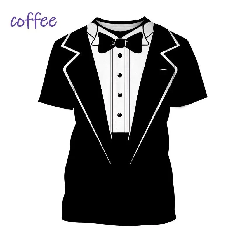 Summer New hot Men\'s Tuxedo Retro Tie Suit T-shirt Bow Tie 3D Print T-shirt Casual Short-sleeved Street Funny Fake Suit Top