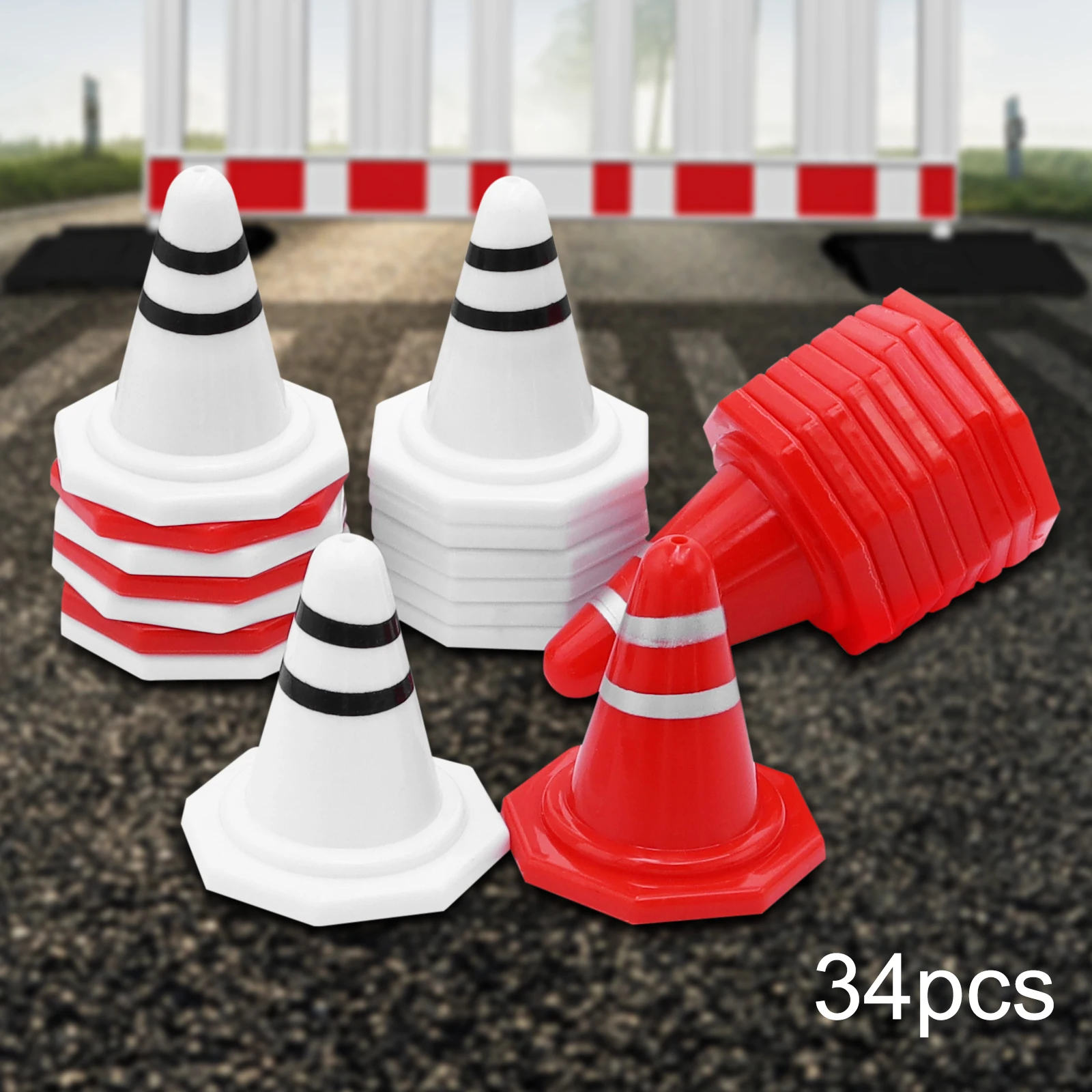 

64pcs Road Barrier Plastic Mini Traffic Cones Toy Red White Light Weight for Kids Sports Training for 1/16 1/18 1/24 1/28 RC Car
