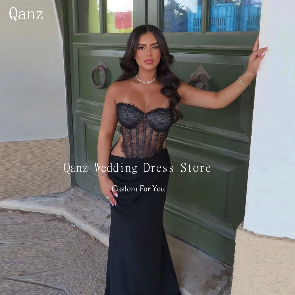 Qanz Zwart Kant Applicaties Avondjurken Zeemeermin Satijn Sexy Party Gown Vrouwen Sweetheart Backless Vestidos De Noche Aangepast
