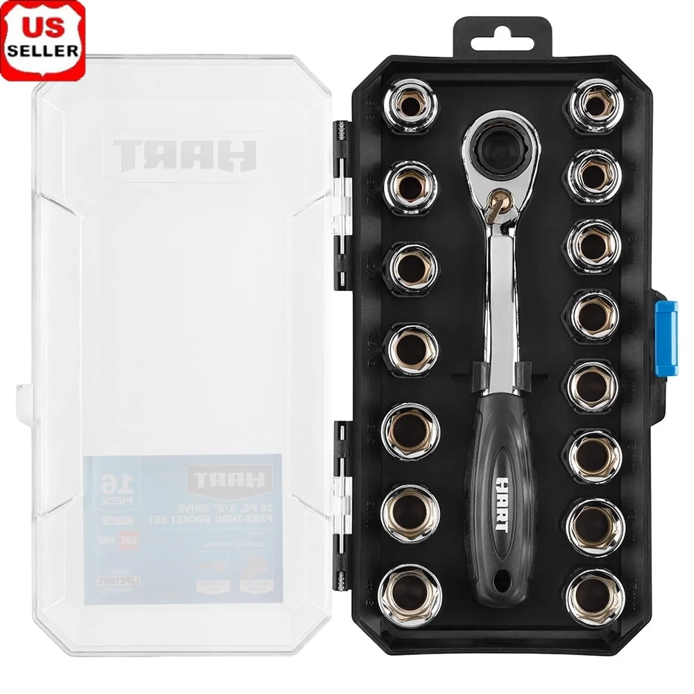 

16-Piece Pass-Thru Socket Set 3/8-Inch Drive Chrome Ratchet SAE Metric Tools Compact Storage Low Profile Head