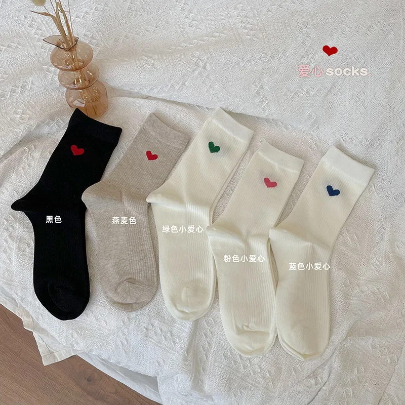 Socks Women Spring Summer Thin Female Love Heart Print Cotton Socks For Girls Gift Cute Kawaii Black White Sox Street Fashion