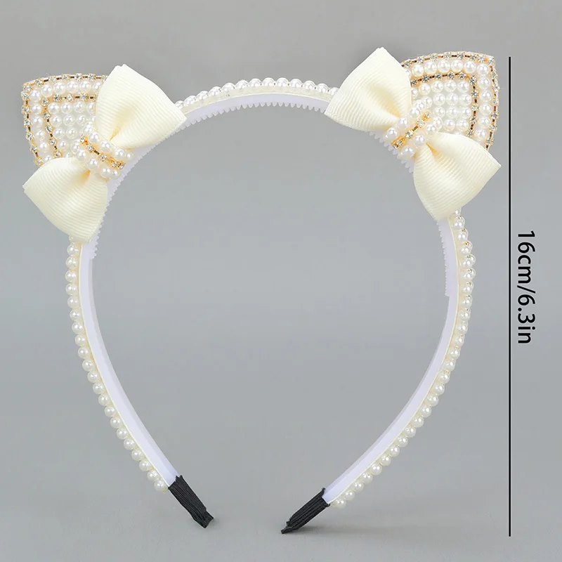 Fashion Rhinestone Headband Girls Ribbon Bow Hair Hoop Headwear Elegant Pearl Cat Ears Hairbands Kids Hair Accessories