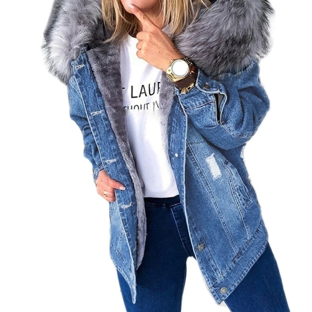 Frauen Winter warm flauschigen Kragen Kapuze Jeans jacke dicken Plüsch gefüttert warmen Langarm Jeans mantel Knopf unten übergroß locker