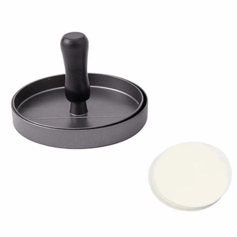 

Non-Stick Hamburger Meat Press with 100 Patty Papers Stainless Steel Meat Press Patty Maker Wood Handle Circular Hamburger Mold