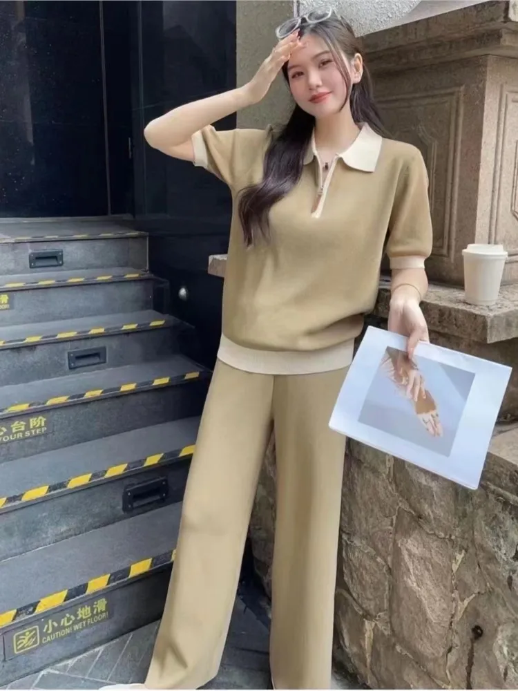 Knitted Summer 2 Two Piece Set Women Short Sleeve Casual Korean Style Ladies Blouses High Waist Modis Loose Woman Wide Leg Pants