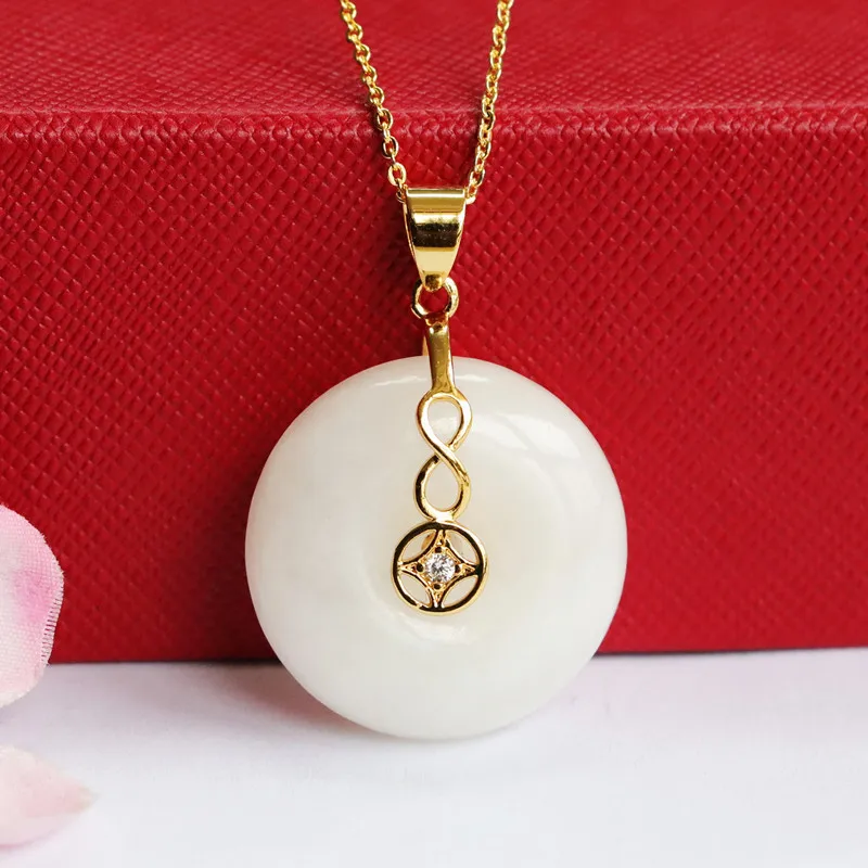 

Natural White Hetian Jade Ping An Kou Pendant Lucky Charm Necklace HT2071801