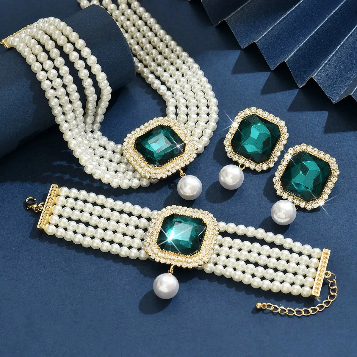 KMVEXO Elegant Crystal Square Imitation Pearl Necklace Bracelet Stud Earrings Set for Women Choker Jewelry Sets Lady Party Gift