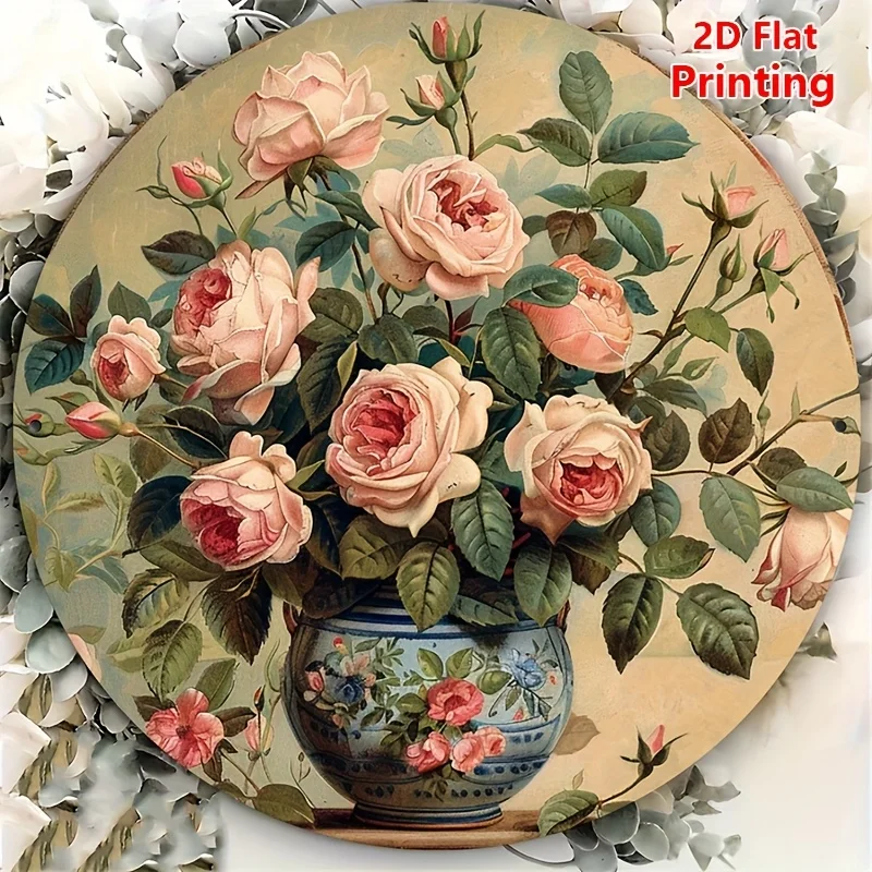 2D Flat 1pc, Round 20x20cm(8x8inch) Timeless Beauty Of Blooming Roses - Vintage Aluminum Sign, One Piece, Metal Wall Decor for I