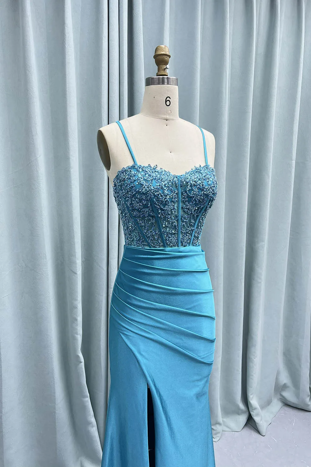 YQLNNE Sexy Blue Spaghetti Long Prom Dresses Mermaid Satin Embroidered Beading Red Carpet Gown Lace-up Formal Dress