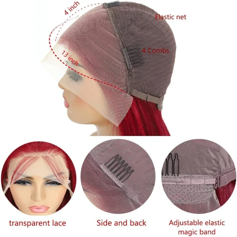 13x4 الدانتيل الجبهة 99J بورجوندي بوب شعر مستعار 100% شعر بشري حقيقي HD شفاف قبل قطعها شعر مستعار مستقيم للنساء ملابس السفر الطرف