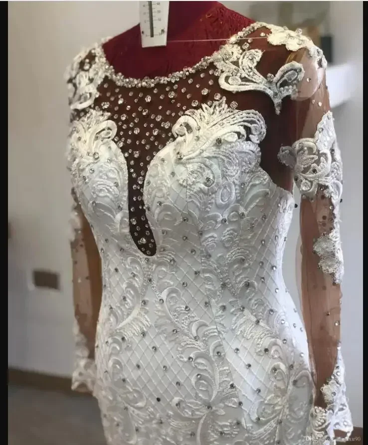 تخصيص مثير مطرز بلورات مغرفة العنق حورية البحر فساتين الزفاف الدانتيل يزين خمر كم طويل أثواب الزفاف