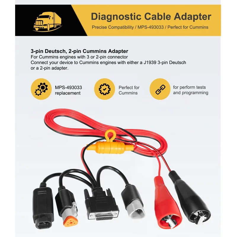 MPS-493033 3-Pin Deutsch, 2-Pin Cummins Adapter For Nexiq USB Link 2 & 3, Cummins Inline 7 – Diagnostic Cable for J1939 Engines