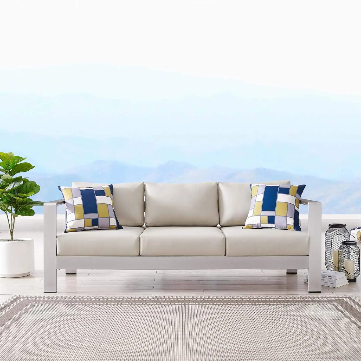 

Shore Aluminum Metal Outdoor Patio Sofa With Silver Beige All-Weather Cushions, Customized