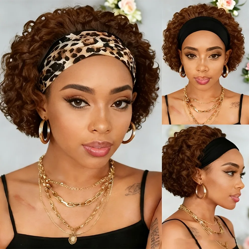 

Парик из натуральных волос 150% плотность - парик с повязкой на голову, полностью машинное производство, естественный вид, короткие вьющиеся волосы, повязка на голову, парик