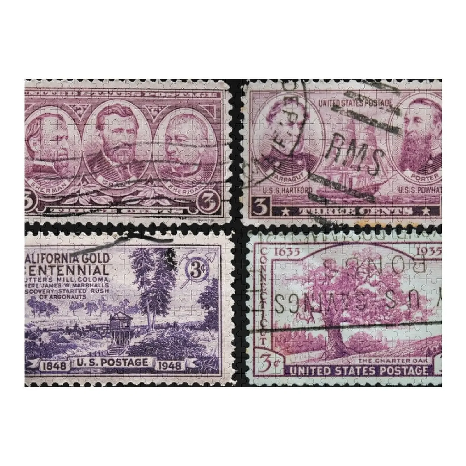 

Four vintage US postage stamps from the 1930's and 1940's Jigsaw Puzzle Name Wooden Toy Wooden Compositions For Children Puzzle