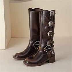 British Women Knee High Boots Buckles Chunky High Heel Shoes Western Cowboy Long Botas Mujer 2024 Gladiator Rubber Boots