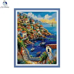 Joy Sunday DIY Mediterranean Landscape Cross Stitch Complete Kit 16CT Embroidery Kits Cross Stitch Printed Fabric Home Decor