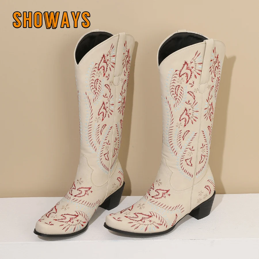 Embroidery Western Women Knee High Boots Brown Black PU Square Heels Winter Round Toe Vintage Cowboy Cowgirl Slip-on Long Boots