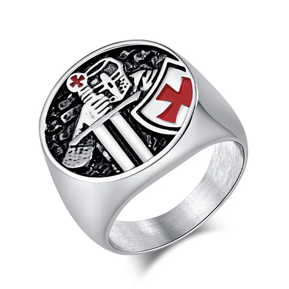 European And American Retro Jewelry Knight Templar Shield Crusader Stainless Steel Ring Rings Men's Niche Personality