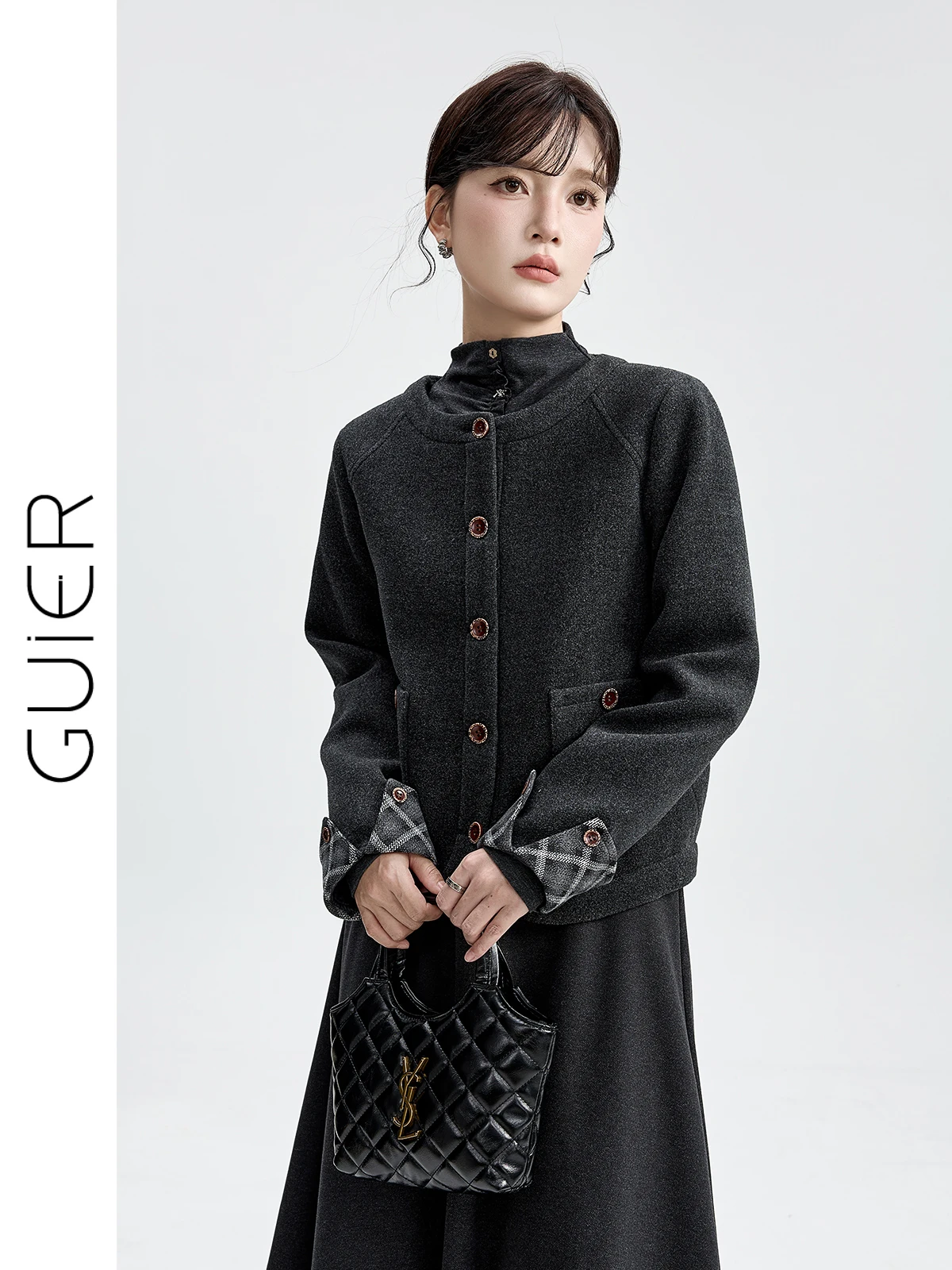 Guier Women's ort Woolen Coat round Ne Plaid Splicing Autumn Winter Faion Premium Quali Ladies' Jaet P0033