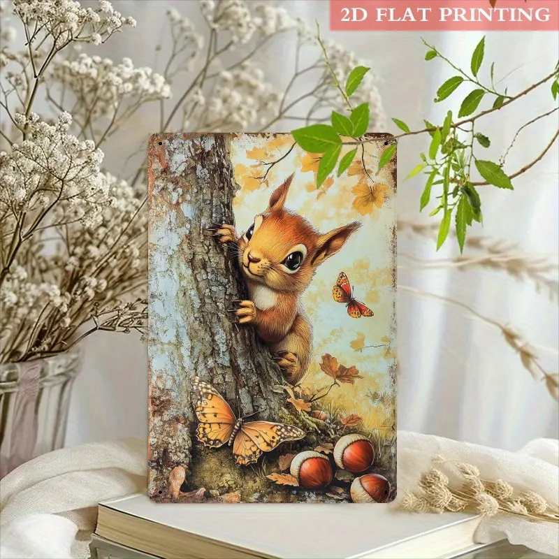 1 Stück 20x30cm Eisen-Metallschild im Vintage-Stil mit Eichhörnchen und Schmetterling, Dekorative Wandkunst für Zuhause, Wohnzimmer, Schlafzimmer, Veranda, Café, Büro