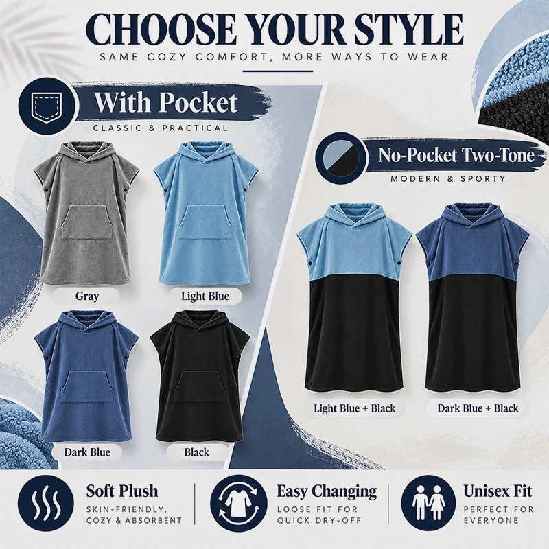 Adult Unisex Hooded Surf Poncho Towel, Sleeveless Changing Robe for Beach Swimming Pool, Absorbent Terry Cloth Cover Up One Size