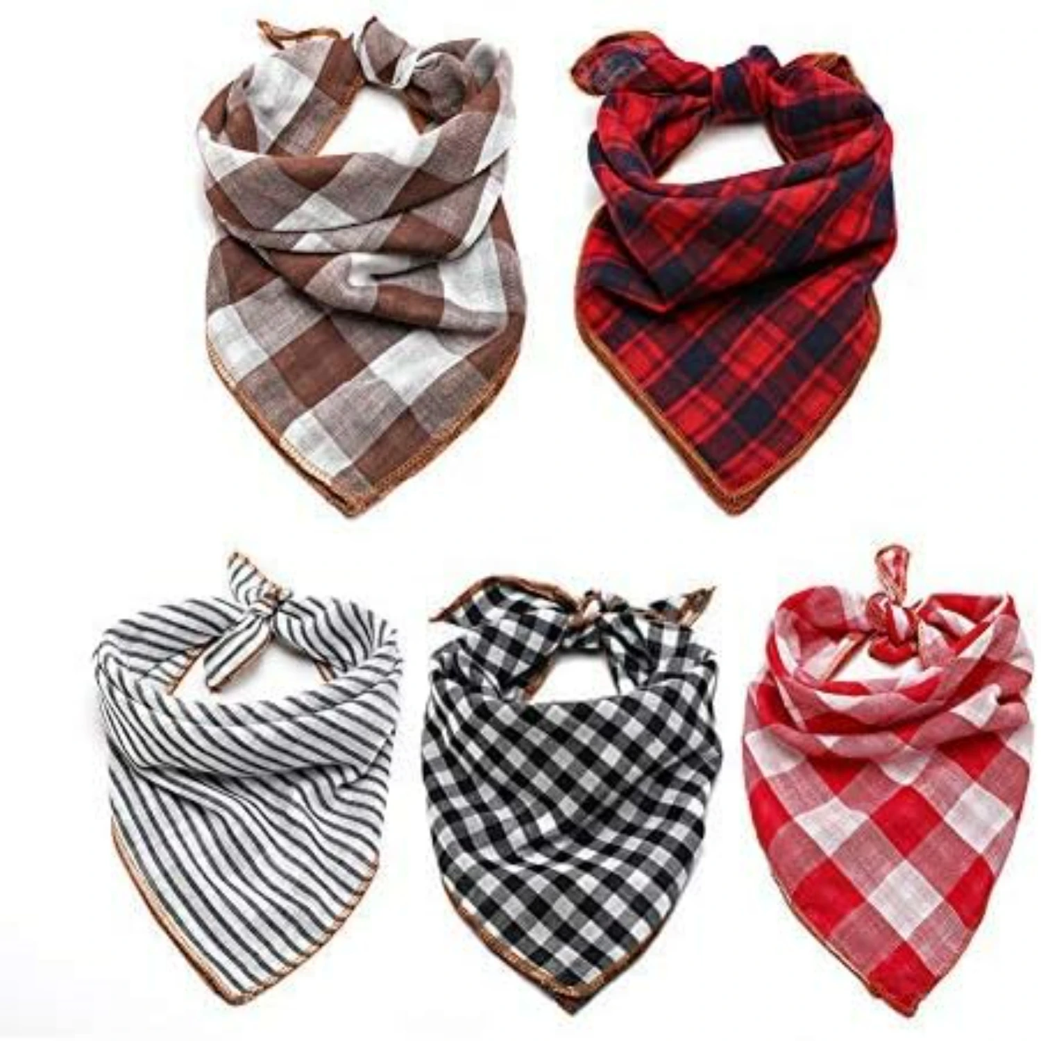 Trendy and Stylish Set of 5 Fashionable Reversible Plaid Stripe Printed Dog Bandanas - Washable Scarf Accessories for Small to L