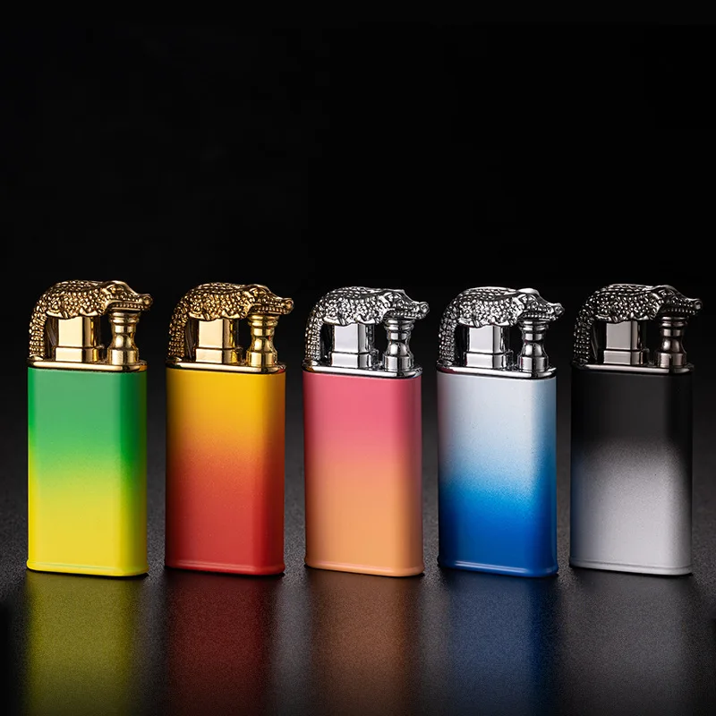 New Double Fire Crocodile Direct Fire Switch Double Fire Butane Lighter Metal Turbine Gradient Gas Lighters Gift for Lovers