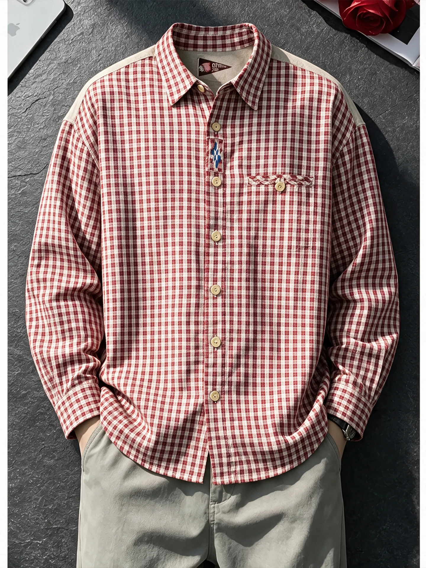 Retro American Plaid Embroidery Long Sleeve Men's Shirt Autumn Lazy Style Collar Casual Loose Open Cardigan Outerwear