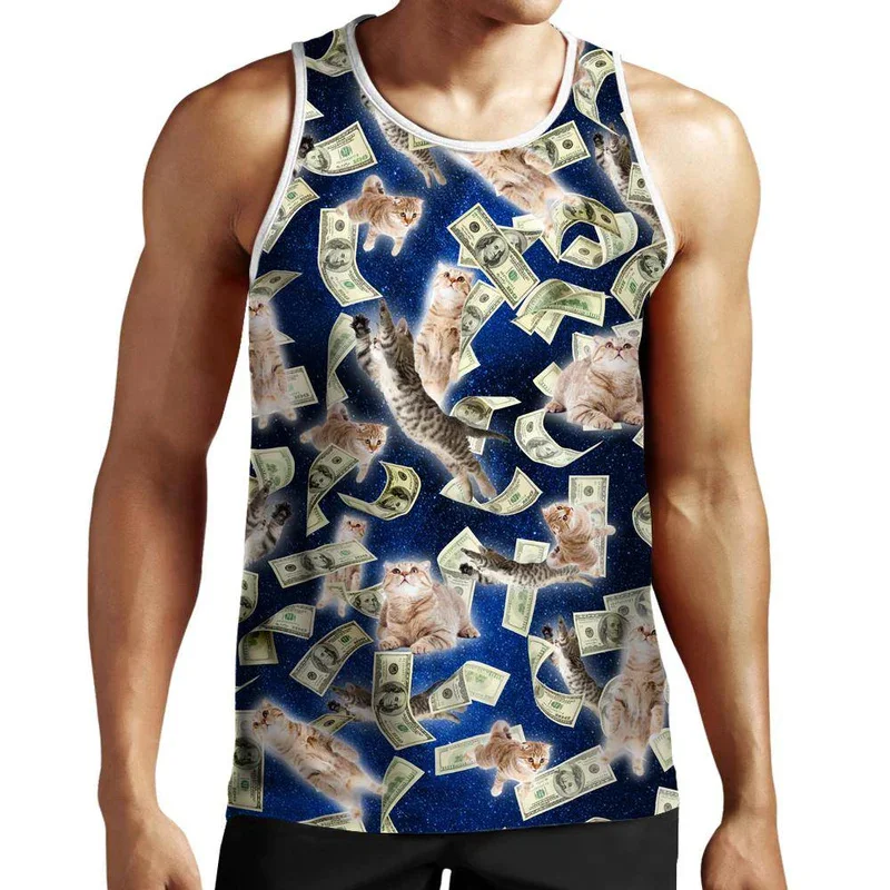 Dollars And Cats 3d Printed Tank Tops Men Women Funny Cute Cat Vest Tops Us Flag Food Floral Shirt Gym Hawaii Y2k Beach Tank Top