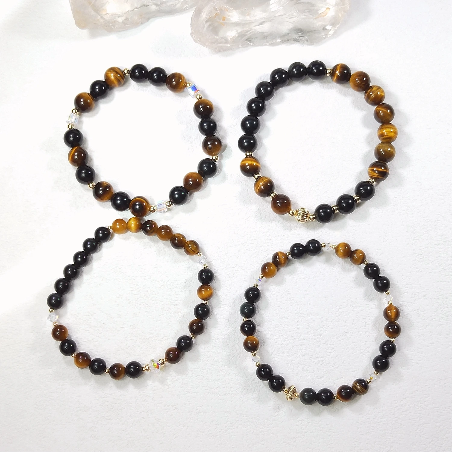 Lii Ji Natural Stone Rainbow Obsidian Tiger's Eye 6/8mm With Crystal American 14K Gold Filled Elastic Bracelet