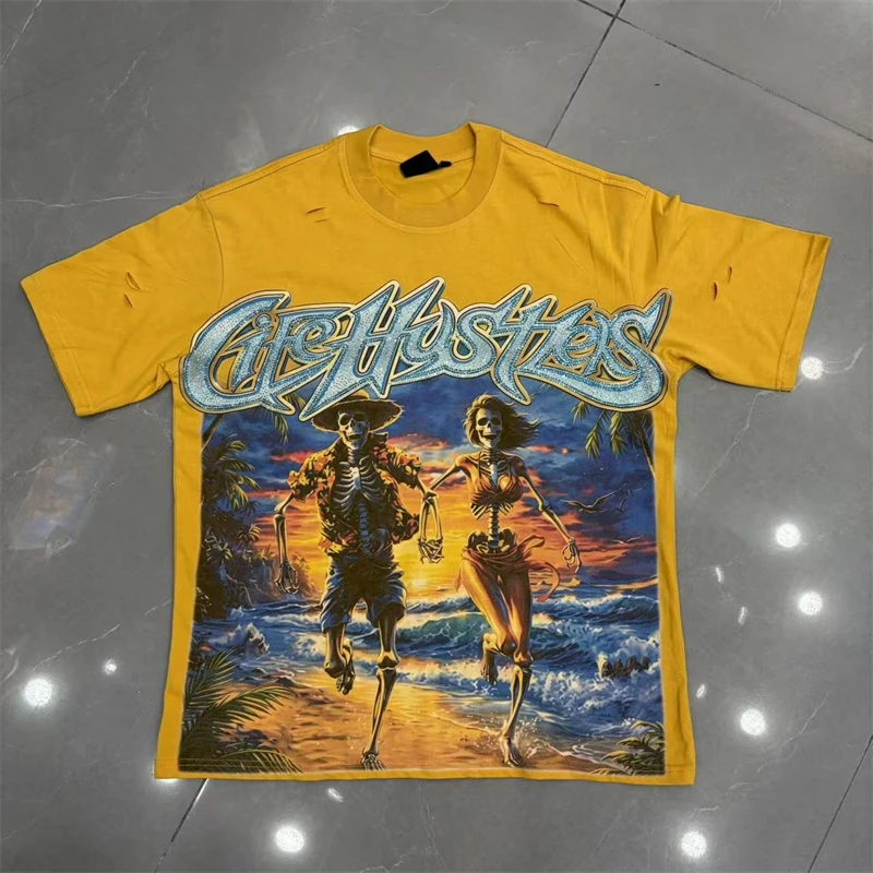 European American Style Life Hustlers T-shirt Real Photo Original Label Street Pop Retro Loose Hot Diamond Short Sleeve Top Tee