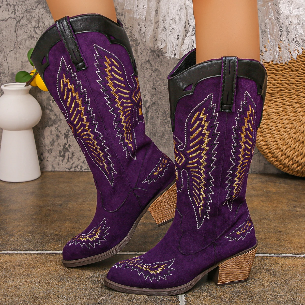 Purple Knee High Embroidery Western Boot Woman Classic Pointed Toe Mid Heeled Long Riding Boots Ladies Vintage Cowboy Shoes