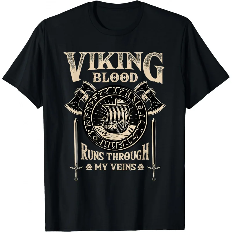 

Viking Blood Runs Through My Veins Nordic Gift T-Shirt Celtic Runes Norse Myths Valhalla Graphic clothes All size tops