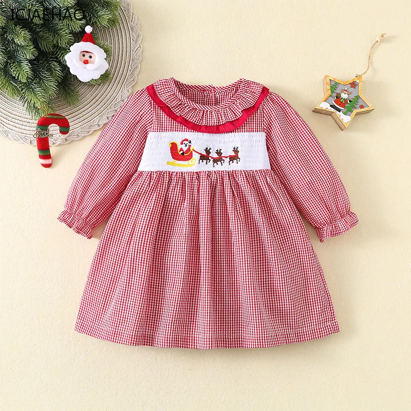 2025 ICJAEHAO Spring Princess Girls' Dresses Smocking Children Red Plaid Clothes Long-Sleeved Holiday Embroidery Smocked Dresses