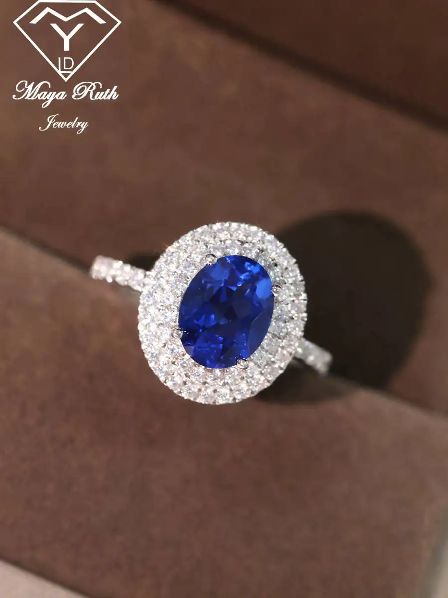 Created Sapphire Gemstone Cocktail Ring For Women Blue Real 925 Sterling Silver Party Anniversary Gift Female Oval Shape Vintage