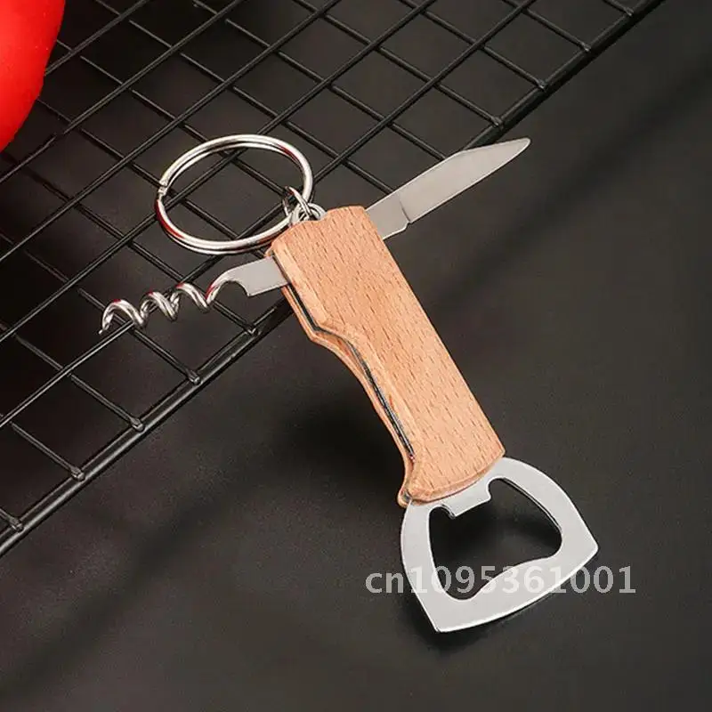 10Pcs Keychain Beer Bottle Opener Stainless Steel Wooden Wine Corkscrew Opener Handle Party Accessories Multifunctional Bar