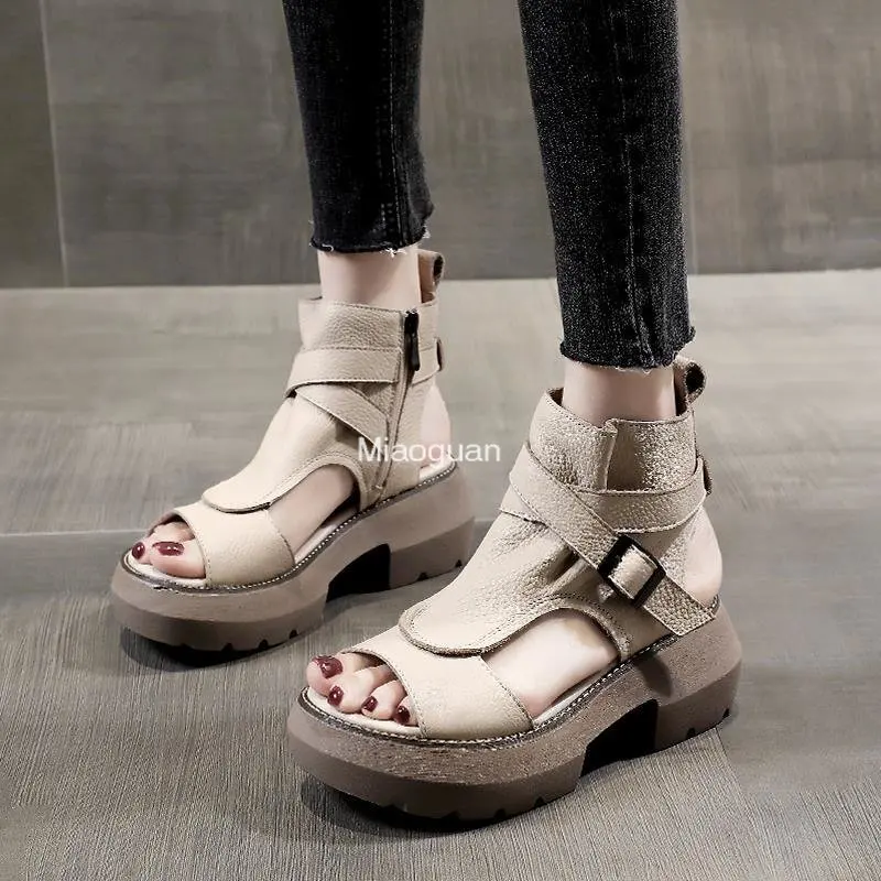 2023 New Summer Shoes Women Sandals Retro Rome PU Leather Woman Wedges Platform Sandals Peep Toe High Heel Sandals Black Casual