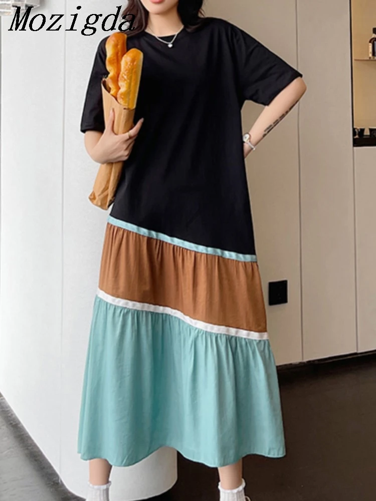 Sommer frauen Kleider Lose Plus Größe Patchwork Dame Vestidos Kurzarm Weibliche Robe T-Shirt Schwarz Kleid Kleidung