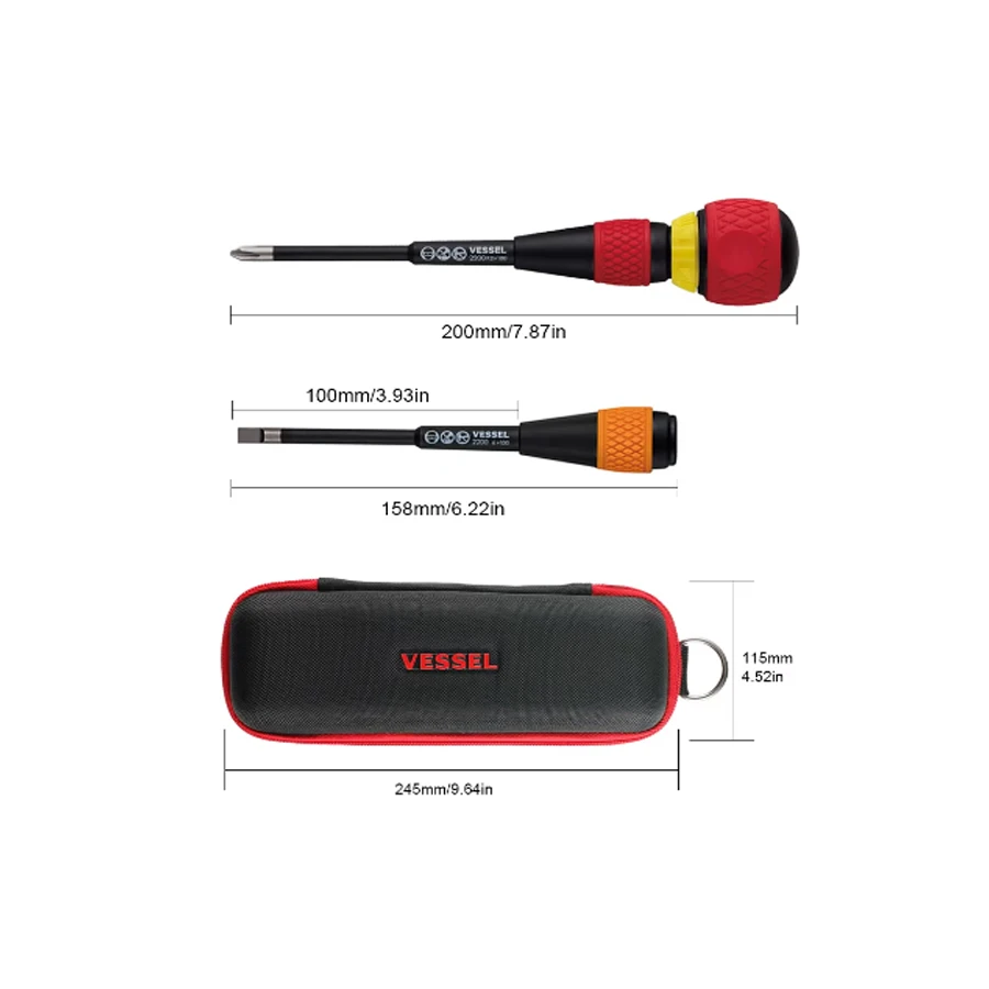 VESSEL Ball Ratchet Grip Screwdriver Set with Tool Bag 36 Gears Replaceable Shank for Ph & Sl 2in1 Screws 2200 2X100 6X100 Bag