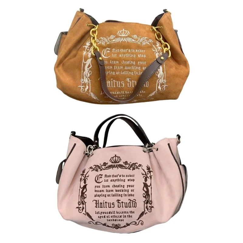 Harajuku Aesthetic Canvas Pumpkin Crossbody Bag for Women Letter Embroidery Shoulder Handbag with Chain Handle