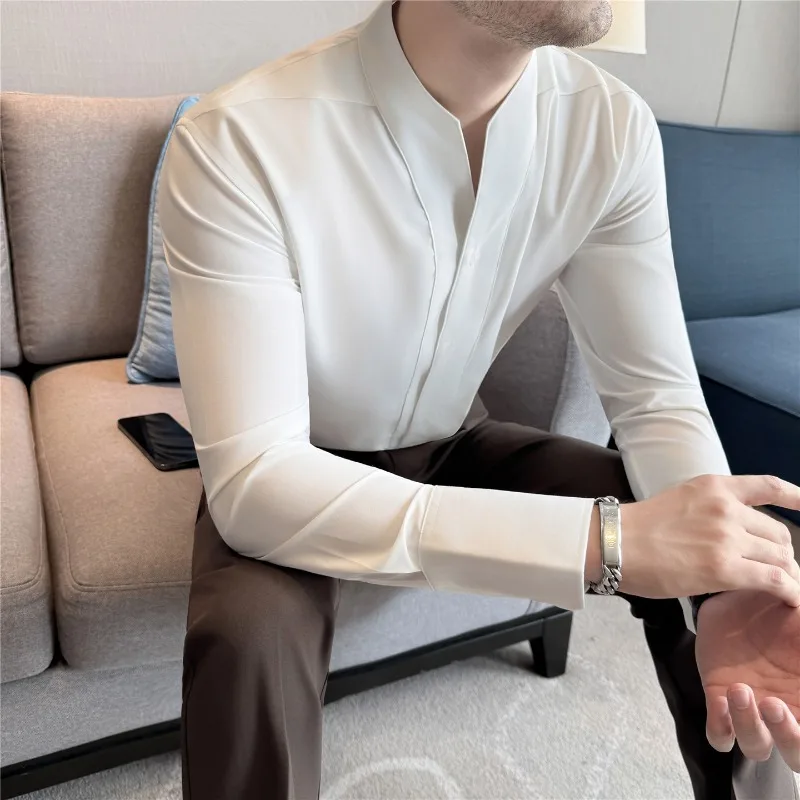 

Men V-neck Shirt British Style Anti-wrinkle Soft Solid Casual Elastic Slim Fit Top Long Sleeved Dress Shirt Fashion Men Clothing