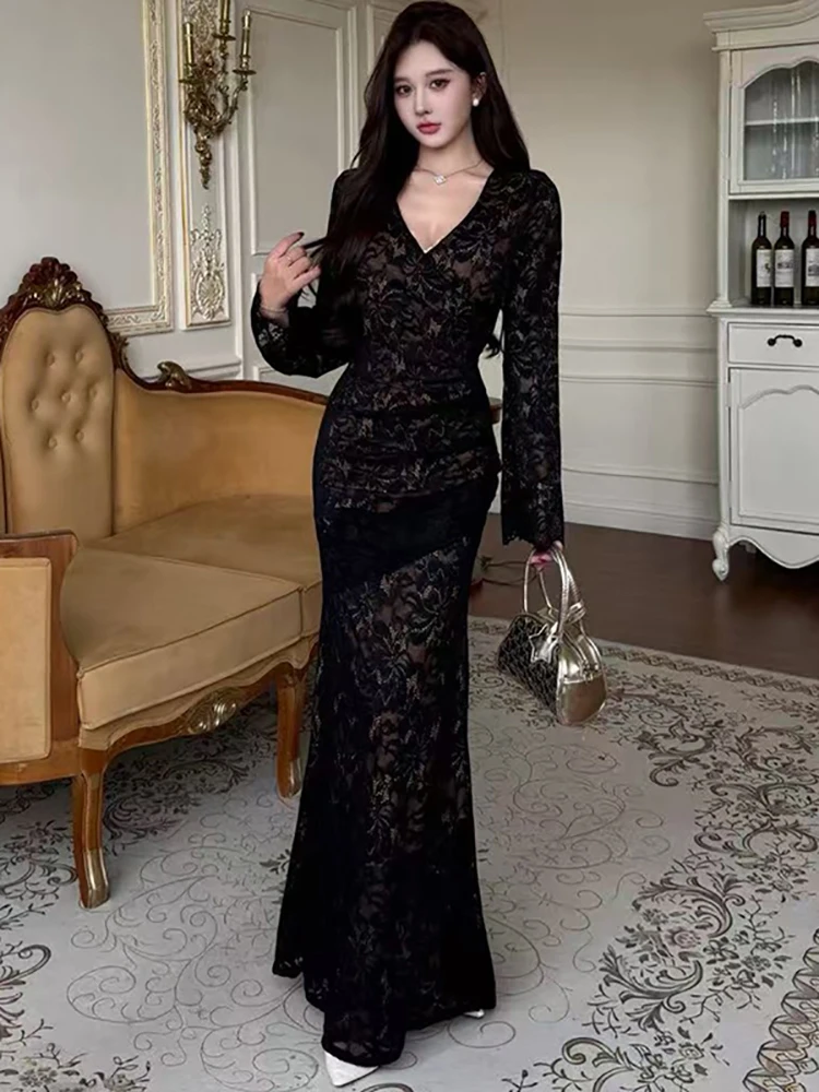 2025 Black Lace Jacquard Long Sleeve V-Neck Maxi Dress Women Vintage Hepburn Luxury Gown Autumn Winter Korean Bodycon Prom Dress