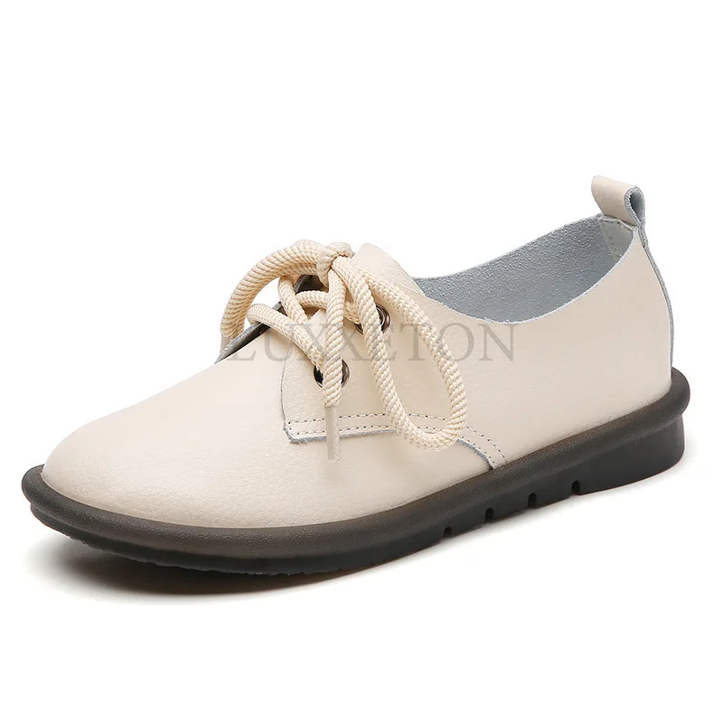 Zapatos de frijol emparejados con suela suave de cuero para mujer, zapatos de mamá de punta redonda, zapatos individuales casuales y ligeros para mujer