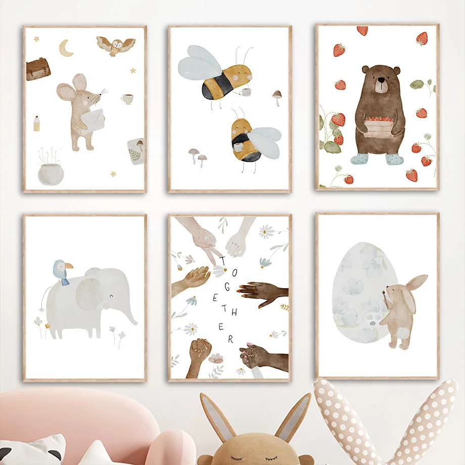 （2D Canvas painting） Boho Animals Friend Elephant Rabbit Bear Deer Bee Posters And Print Nursery Wall Art Canvas Painting Bab