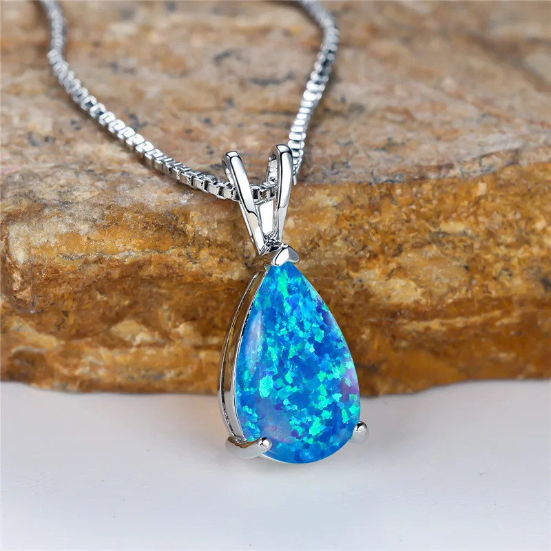 Boho Female Small Blue Green Opal Water Drop Pendant Necklace Silver Color Wedding Jewelry For Women